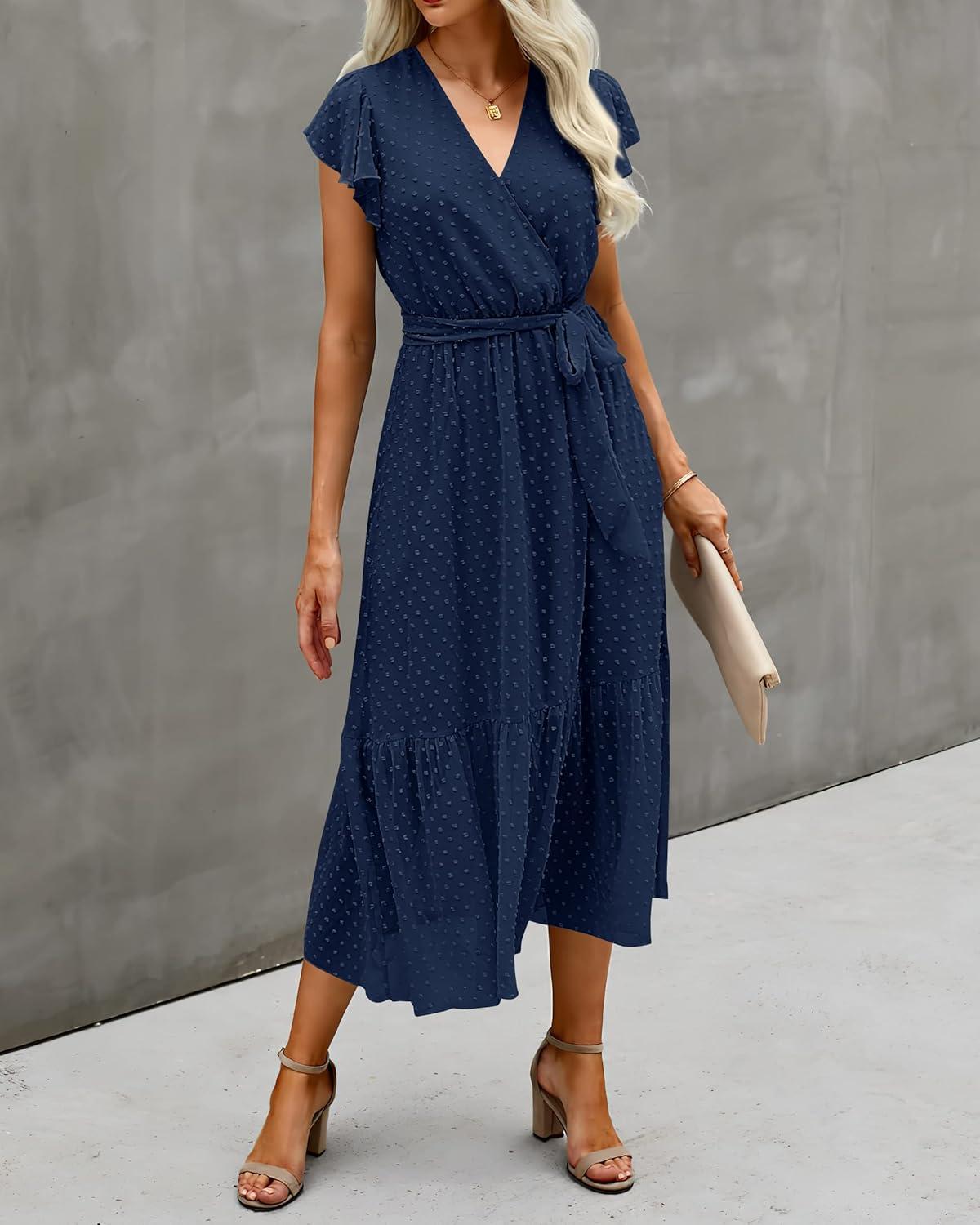 imageBTFBM Women Summer Bohemian Floral Casual Wrap V Neck Ruffle Cap Sleeveless Belt ALine Pleated Hem Midi Sun Dress WhiteSwiss Dot Navy