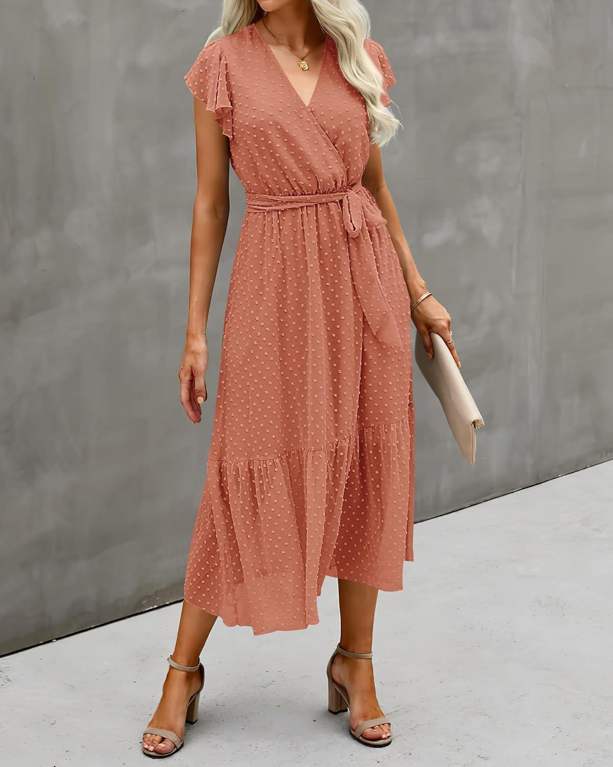 imageBTFBM Women Summer Bohemian Floral Casual Wrap V Neck Ruffle Cap Sleeveless Belt ALine Pleated Hem Midi Sun Dress WhiteSwiss Dot Orange