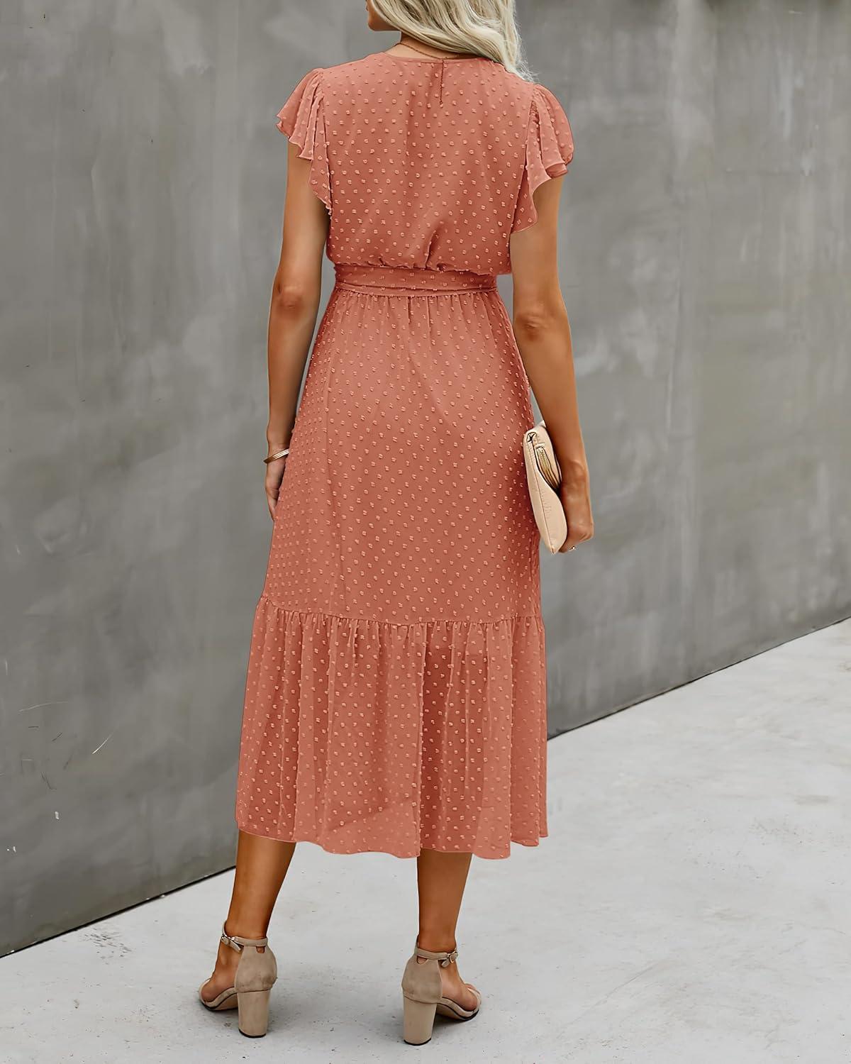 imageBTFBM Women Summer Bohemian Floral Casual Wrap V Neck Ruffle Cap Sleeveless Belt ALine Pleated Hem Midi Sun Dress WhiteSwiss Dot Orange