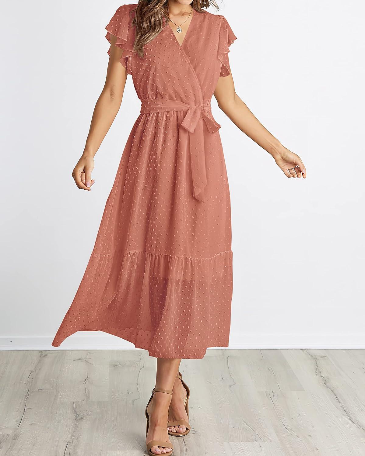 imageBTFBM Women Summer Bohemian Floral Casual Wrap V Neck Ruffle Cap Sleeveless Belt ALine Pleated Hem Midi Sun Dress WhiteSwiss Dot Orange
