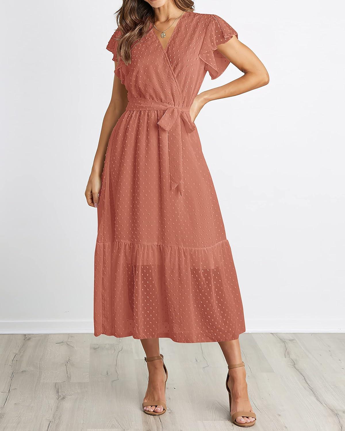 imageBTFBM Women Summer Bohemian Floral Casual Wrap V Neck Ruffle Cap Sleeveless Belt ALine Pleated Hem Midi Sun Dress WhiteSwiss Dot Orange