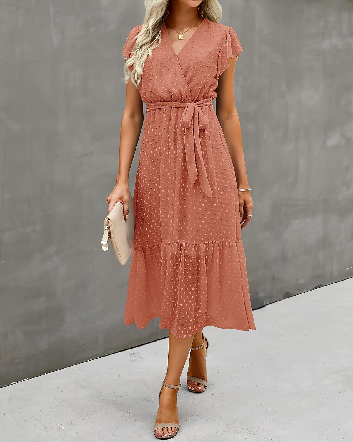 imageBTFBM Women Summer Bohemian Floral Casual Wrap V Neck Ruffle Cap Sleeveless Belt ALine Pleated Hem Midi Sun Dress WhiteSwiss Dot Orange