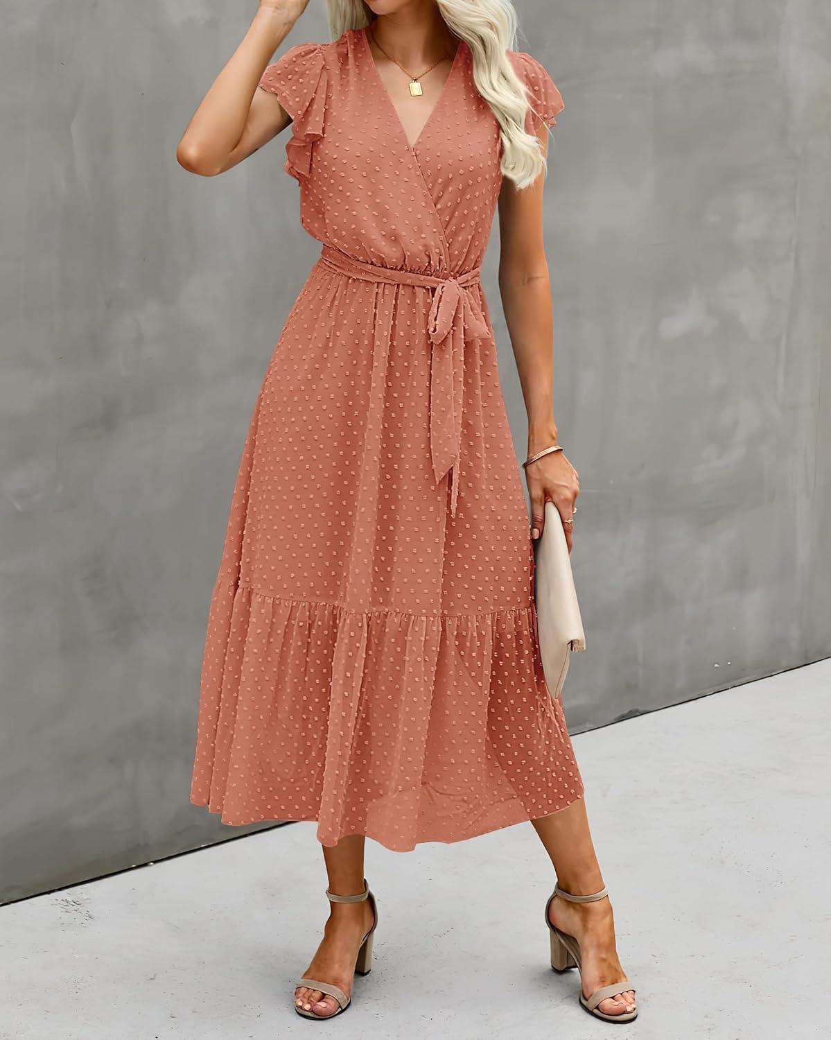 imageBTFBM Women Summer Bohemian Floral Casual Wrap V Neck Ruffle Cap Sleeveless Belt ALine Pleated Hem Midi Sun Dress WhiteSwiss Dot Orange