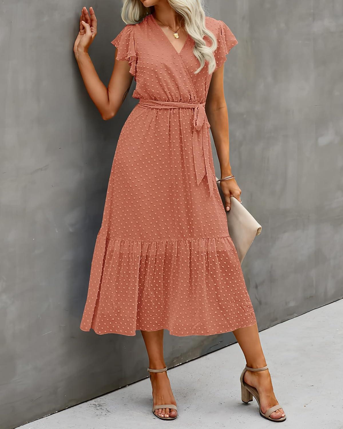 imageBTFBM Women Summer Bohemian Floral Casual Wrap V Neck Ruffle Cap Sleeveless Belt ALine Pleated Hem Midi Sun Dress WhiteSwiss Dot Orange