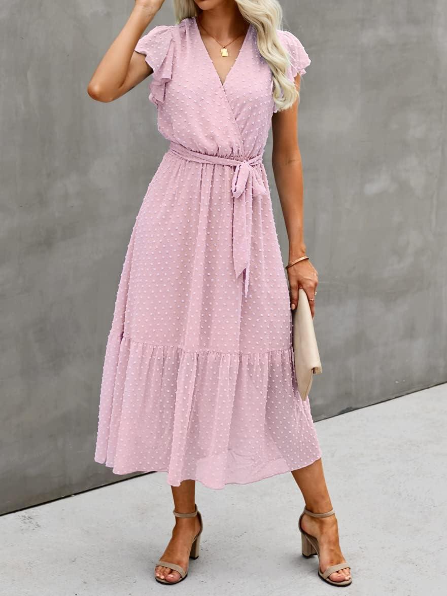 imageBTFBM Women Summer Bohemian Floral Casual Wrap V Neck Ruffle Cap Sleeveless Belt ALine Pleated Hem Midi Sun Dress WhiteSwiss Dot Pink