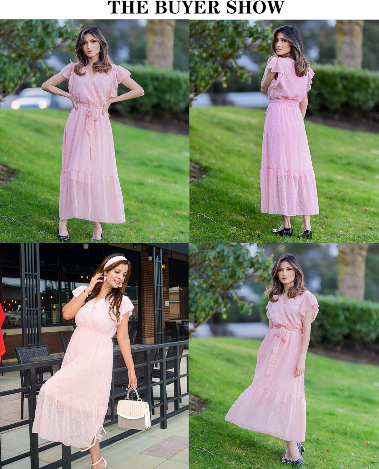 imageBTFBM Women Summer Bohemian Floral Casual Wrap V Neck Ruffle Cap Sleeveless Belt ALine Pleated Hem Midi Sun Dress WhiteSwiss Dot Pink