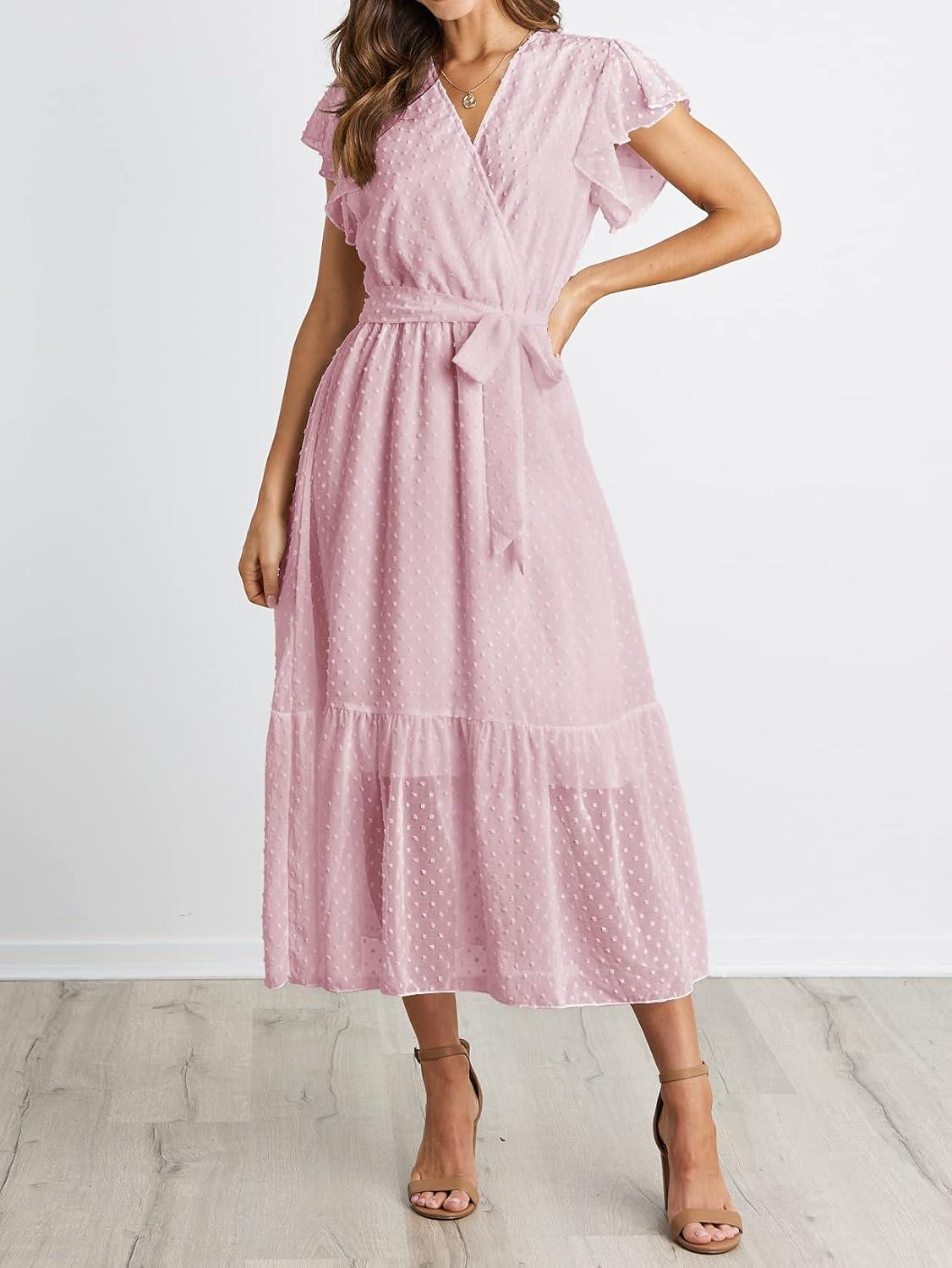imageBTFBM Women Summer Bohemian Floral Casual Wrap V Neck Ruffle Cap Sleeveless Belt ALine Pleated Hem Midi Sun Dress WhiteSwiss Dot Pink