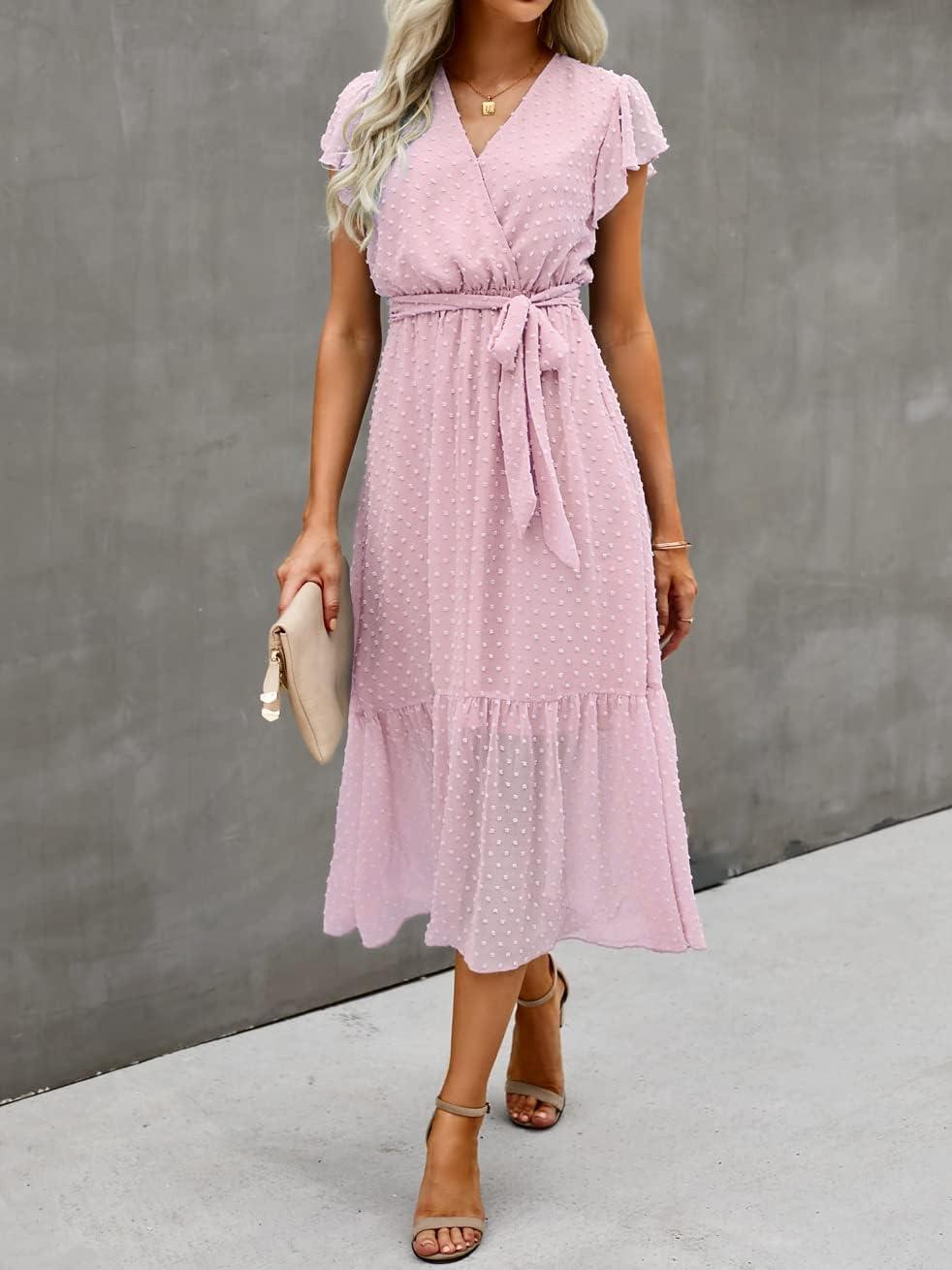 imageBTFBM Women Summer Bohemian Floral Casual Wrap V Neck Ruffle Cap Sleeveless Belt ALine Pleated Hem Midi Sun Dress WhiteSwiss Dot Pink