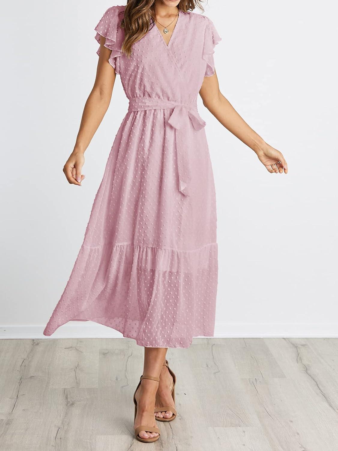 imageBTFBM Women Summer Bohemian Floral Casual Wrap V Neck Ruffle Cap Sleeveless Belt ALine Pleated Hem Midi Sun Dress WhiteSwiss Dot Pink