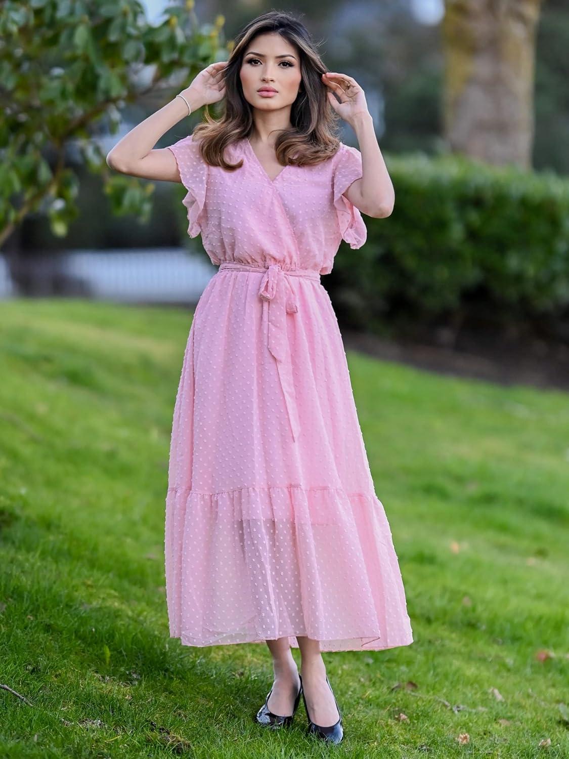imageBTFBM Women Summer Bohemian Floral Casual Wrap V Neck Ruffle Cap Sleeveless Belt ALine Pleated Hem Midi Sun Dress WhiteSwiss Dot Pink