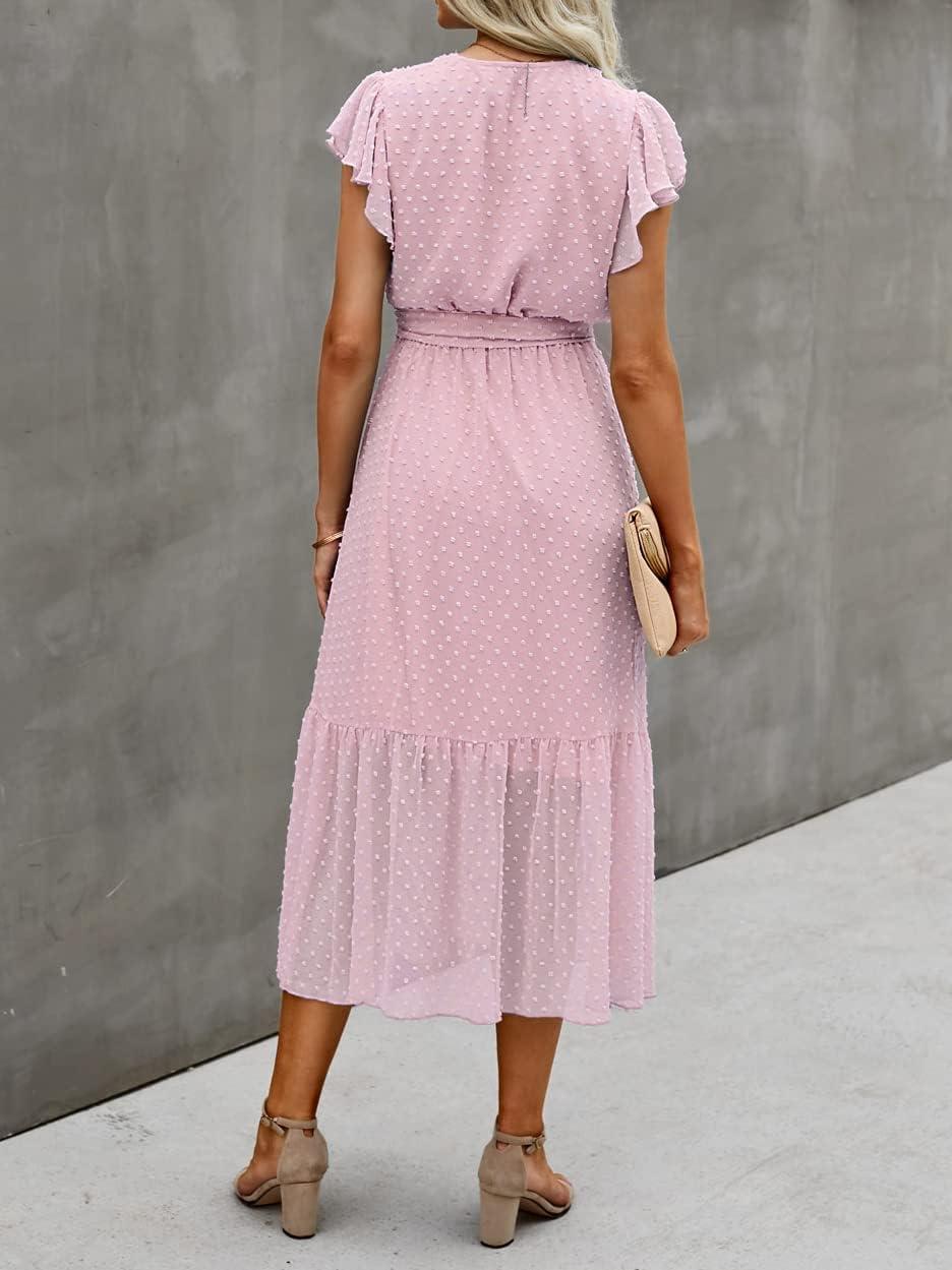 imageBTFBM Women Summer Bohemian Floral Casual Wrap V Neck Ruffle Cap Sleeveless Belt ALine Pleated Hem Midi Sun Dress WhiteSwiss Dot Pink