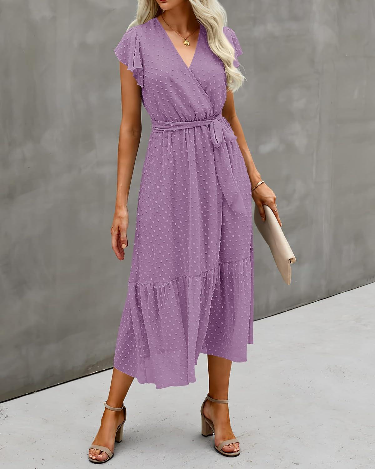imageBTFBM Women Summer Bohemian Floral Casual Wrap V Neck Ruffle Cap Sleeveless Belt ALine Pleated Hem Midi Sun Dress WhiteSwiss Dot Purple