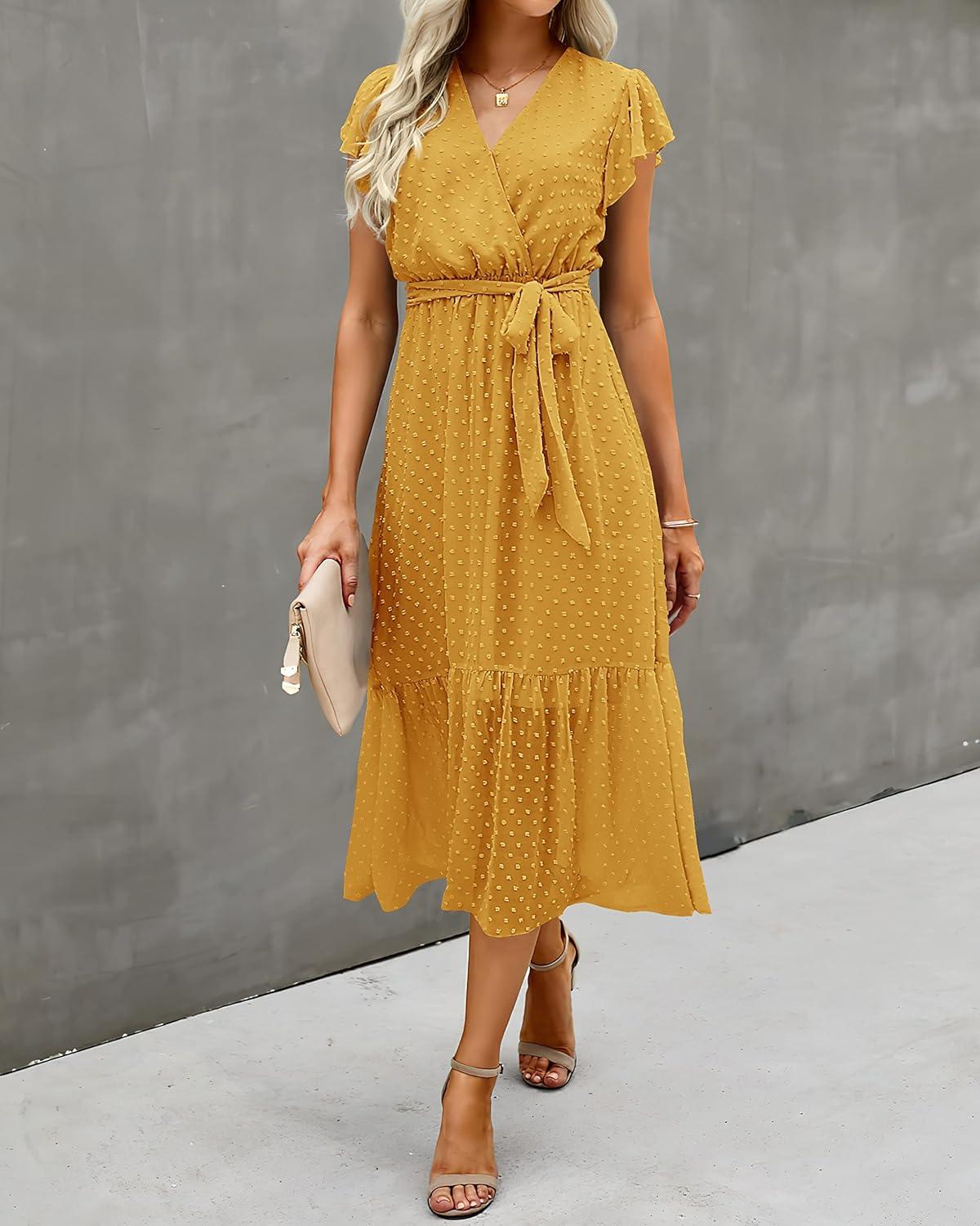 imageBTFBM Women Summer Bohemian Floral Casual Wrap V Neck Ruffle Cap Sleeveless Belt ALine Pleated Hem Midi Sun Dress WhiteSwiss Dot Turmeric