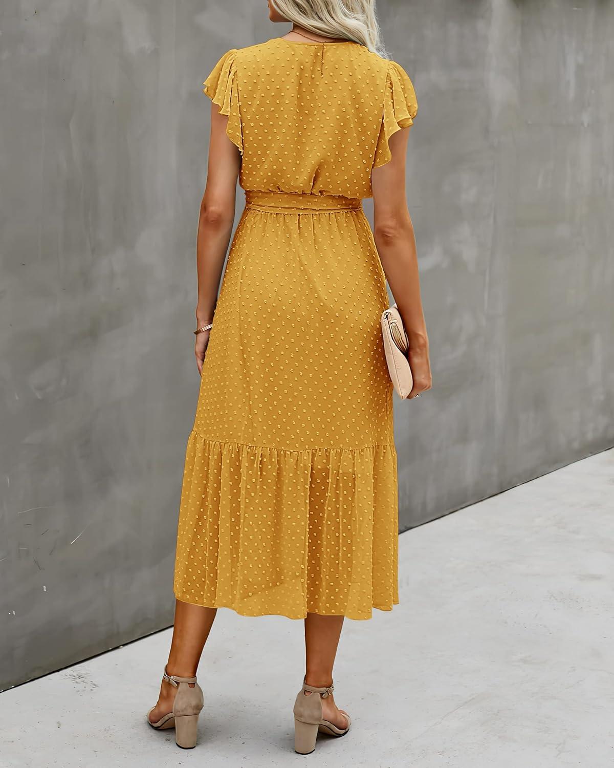 imageBTFBM Women Summer Bohemian Floral Casual Wrap V Neck Ruffle Cap Sleeveless Belt ALine Pleated Hem Midi Sun Dress WhiteSwiss Dot Turmeric