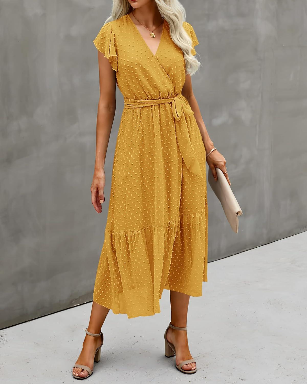 imageBTFBM Women Summer Bohemian Floral Casual Wrap V Neck Ruffle Cap Sleeveless Belt ALine Pleated Hem Midi Sun Dress WhiteSwiss Dot Turmeric