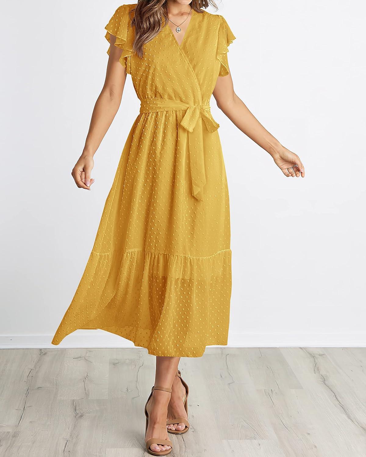 imageBTFBM Women Summer Bohemian Floral Casual Wrap V Neck Ruffle Cap Sleeveless Belt ALine Pleated Hem Midi Sun Dress WhiteSwiss Dot Turmeric