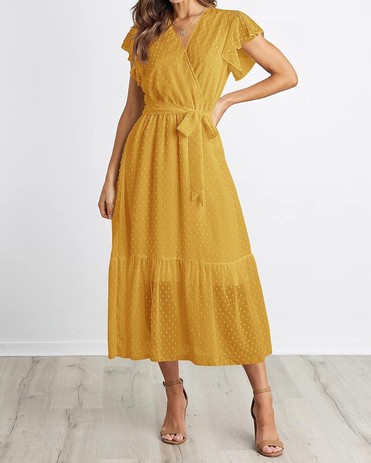 imageBTFBM Women Summer Bohemian Floral Casual Wrap V Neck Ruffle Cap Sleeveless Belt ALine Pleated Hem Midi Sun Dress WhiteSwiss Dot Turmeric