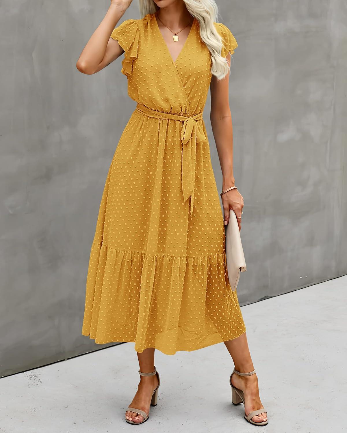 imageBTFBM Women Summer Bohemian Floral Casual Wrap V Neck Ruffle Cap Sleeveless Belt ALine Pleated Hem Midi Sun Dress WhiteSwiss Dot Turmeric