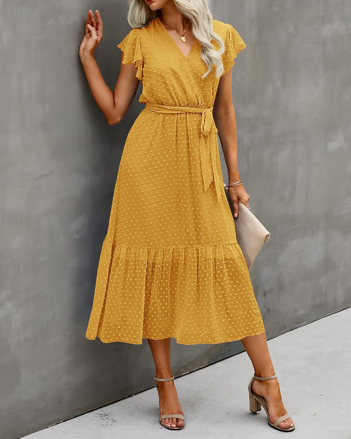 imageBTFBM Women Summer Bohemian Floral Casual Wrap V Neck Ruffle Cap Sleeveless Belt ALine Pleated Hem Midi Sun Dress WhiteSwiss Dot Turmeric