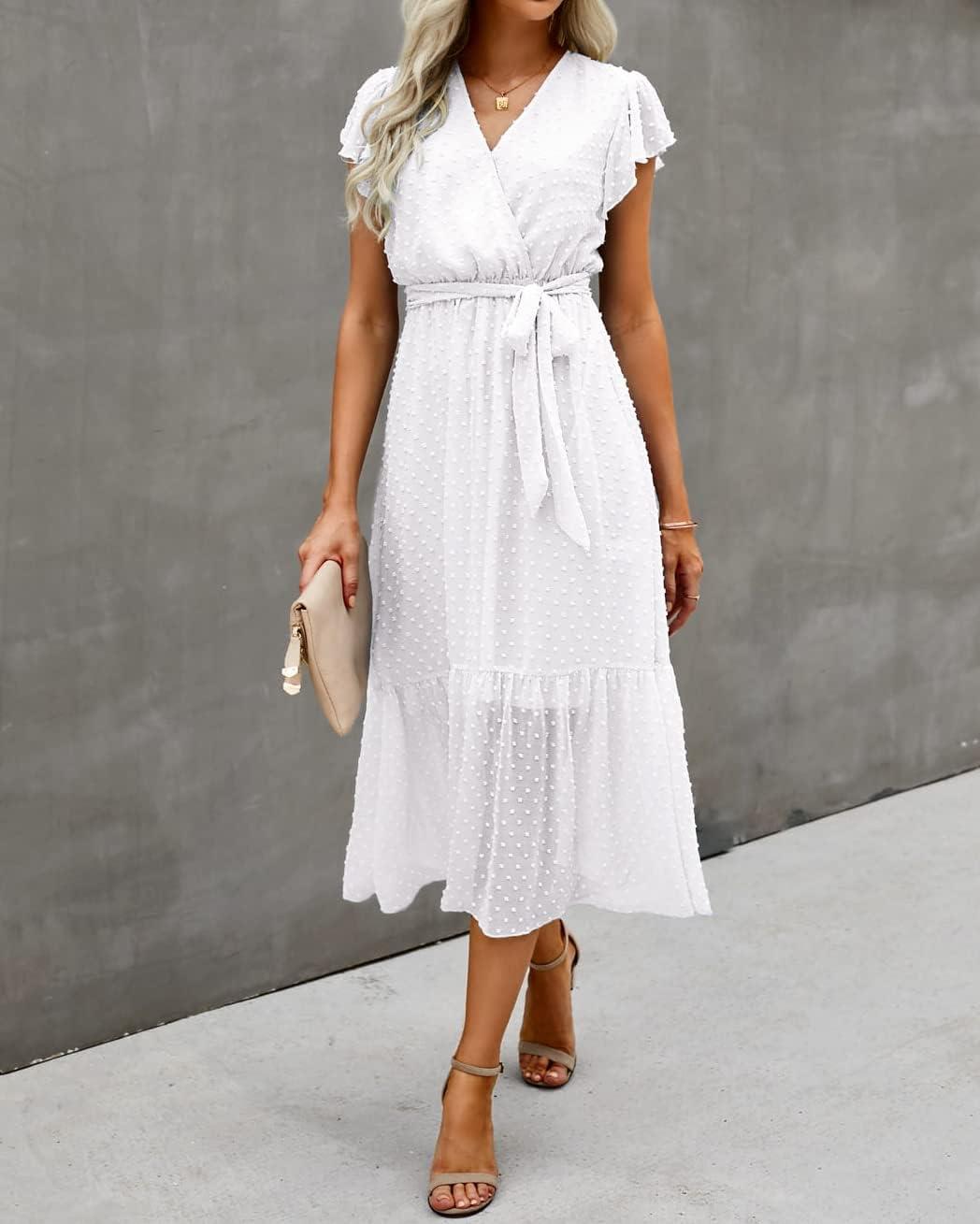 imageBTFBM Women Summer Bohemian Floral Casual Wrap V Neck Ruffle Cap Sleeveless Belt ALine Pleated Hem Midi Sun Dress WhiteSwiss Dot White