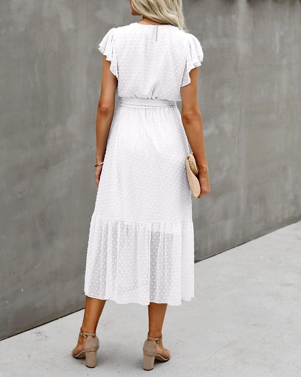 imageBTFBM Women Summer Bohemian Floral Casual Wrap V Neck Ruffle Cap Sleeveless Belt ALine Pleated Hem Midi Sun Dress WhiteSwiss Dot White