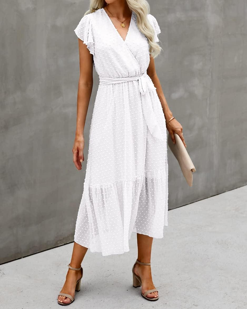 imageBTFBM Women Summer Bohemian Floral Casual Wrap V Neck Ruffle Cap Sleeveless Belt ALine Pleated Hem Midi Sun Dress WhiteSwiss Dot White