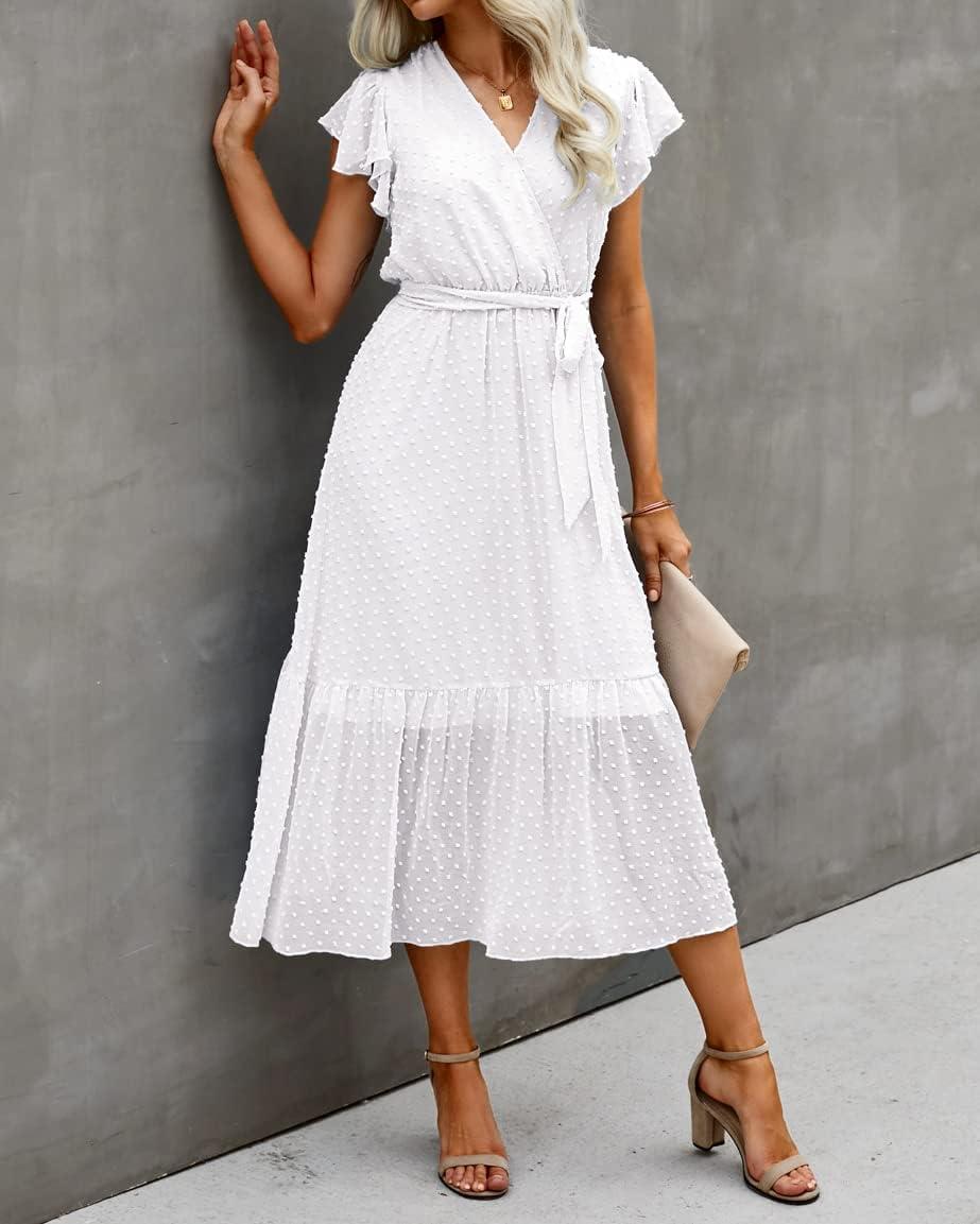 imageBTFBM Women Summer Bohemian Floral Casual Wrap V Neck Ruffle Cap Sleeveless Belt ALine Pleated Hem Midi Sun Dress WhiteSwiss Dot White