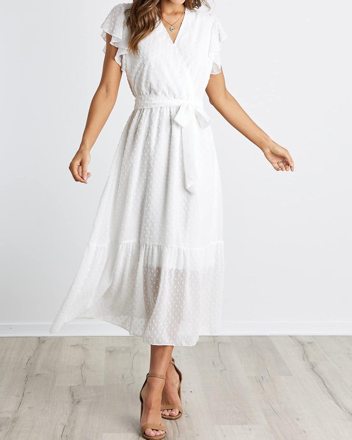 imageBTFBM Women Summer Bohemian Floral Casual Wrap V Neck Ruffle Cap Sleeveless Belt ALine Pleated Hem Midi Sun Dress WhiteSwiss Dot White