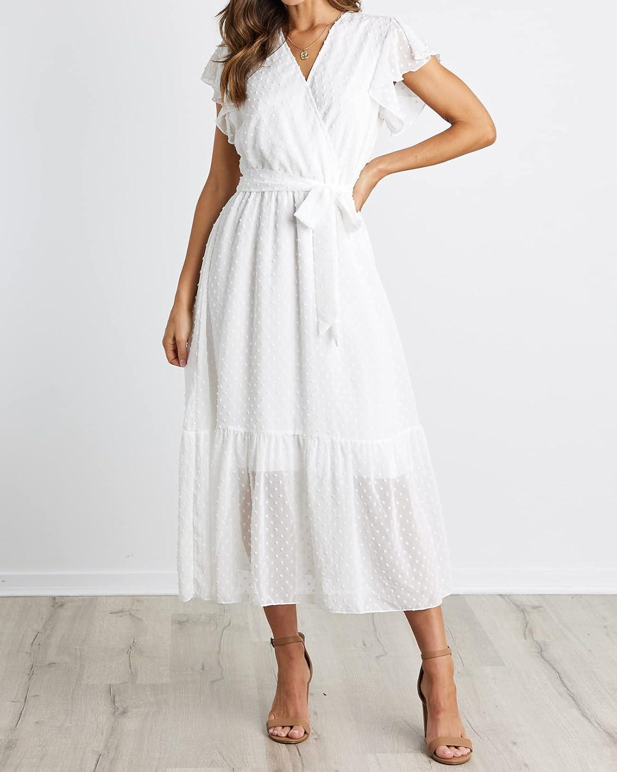 imageBTFBM Women Summer Bohemian Floral Casual Wrap V Neck Ruffle Cap Sleeveless Belt ALine Pleated Hem Midi Sun Dress WhiteSwiss Dot White