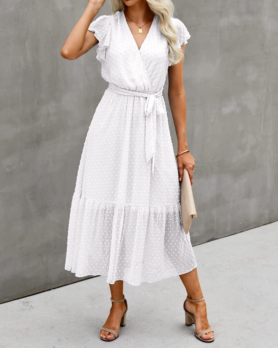 imageBTFBM Women Summer Bohemian Floral Casual Wrap V Neck Ruffle Cap Sleeveless Belt ALine Pleated Hem Midi Sun Dress WhiteSwiss Dot White