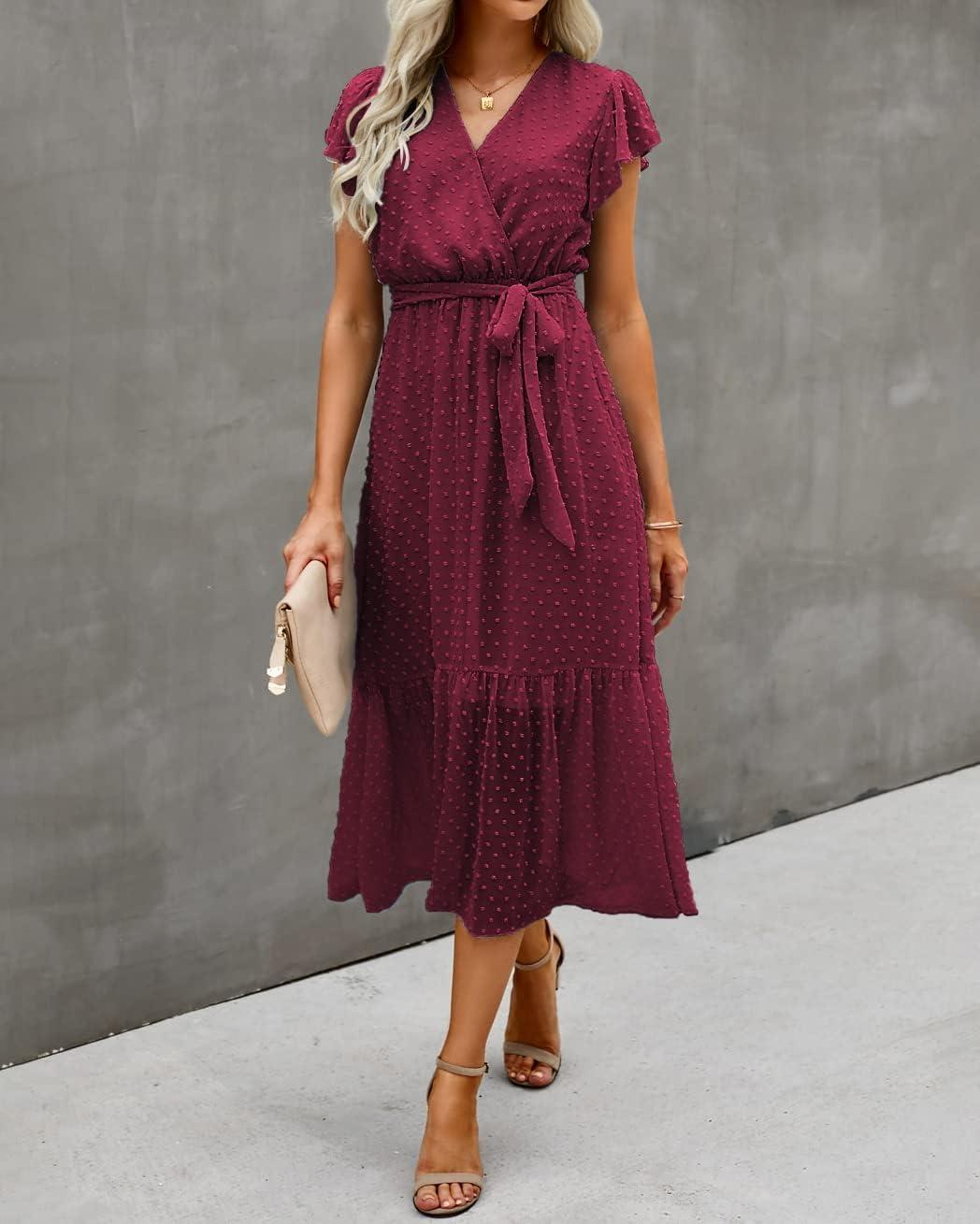 imageBTFBM Women Summer Bohemian Floral Casual Wrap V Neck Ruffle Cap Sleeveless Belt ALine Pleated Hem Midi Sun Dress WhiteSwiss Dot Wine Red