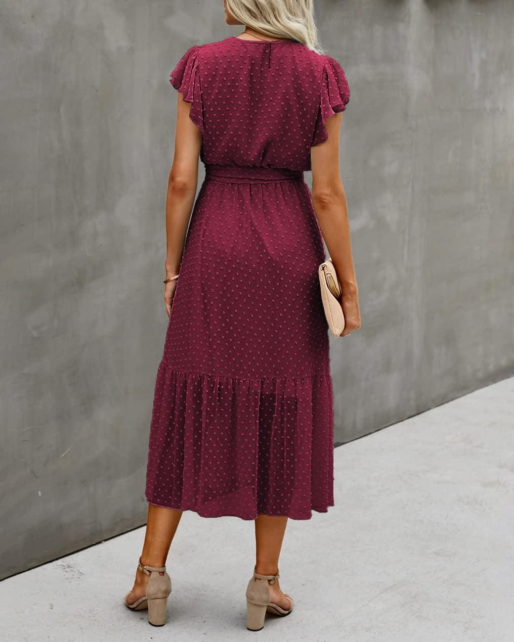 imageBTFBM Women Summer Bohemian Floral Casual Wrap V Neck Ruffle Cap Sleeveless Belt ALine Pleated Hem Midi Sun Dress WhiteSwiss Dot Wine Red