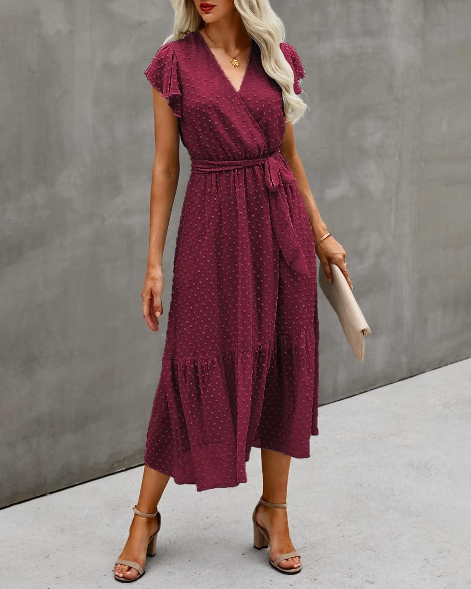 imageBTFBM Women Summer Bohemian Floral Casual Wrap V Neck Ruffle Cap Sleeveless Belt ALine Pleated Hem Midi Sun Dress WhiteSwiss Dot Wine Red