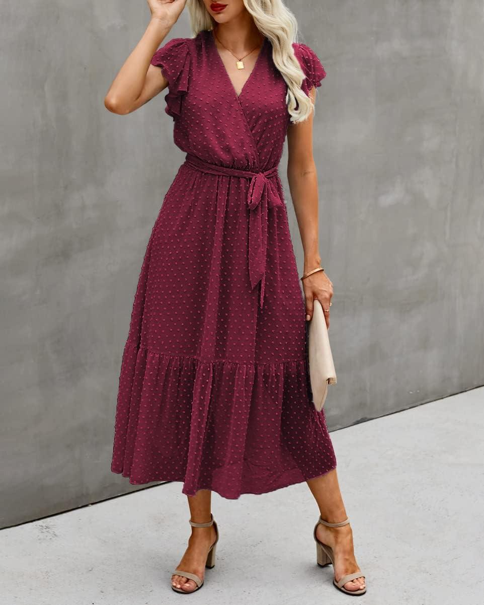 imageBTFBM Women Summer Bohemian Floral Casual Wrap V Neck Ruffle Cap Sleeveless Belt ALine Pleated Hem Midi Sun Dress WhiteSwiss Dot Wine Red
