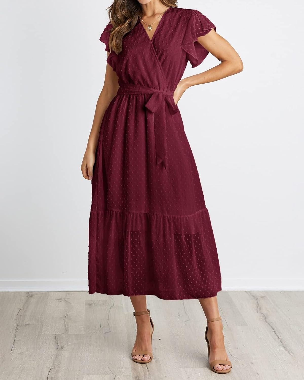 imageBTFBM Women Summer Bohemian Floral Casual Wrap V Neck Ruffle Cap Sleeveless Belt ALine Pleated Hem Midi Sun Dress WhiteSwiss Dot Wine Red