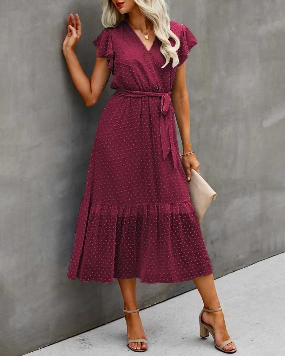 imageBTFBM Women Summer Bohemian Floral Casual Wrap V Neck Ruffle Cap Sleeveless Belt ALine Pleated Hem Midi Sun Dress WhiteSwiss Dot Wine Red
