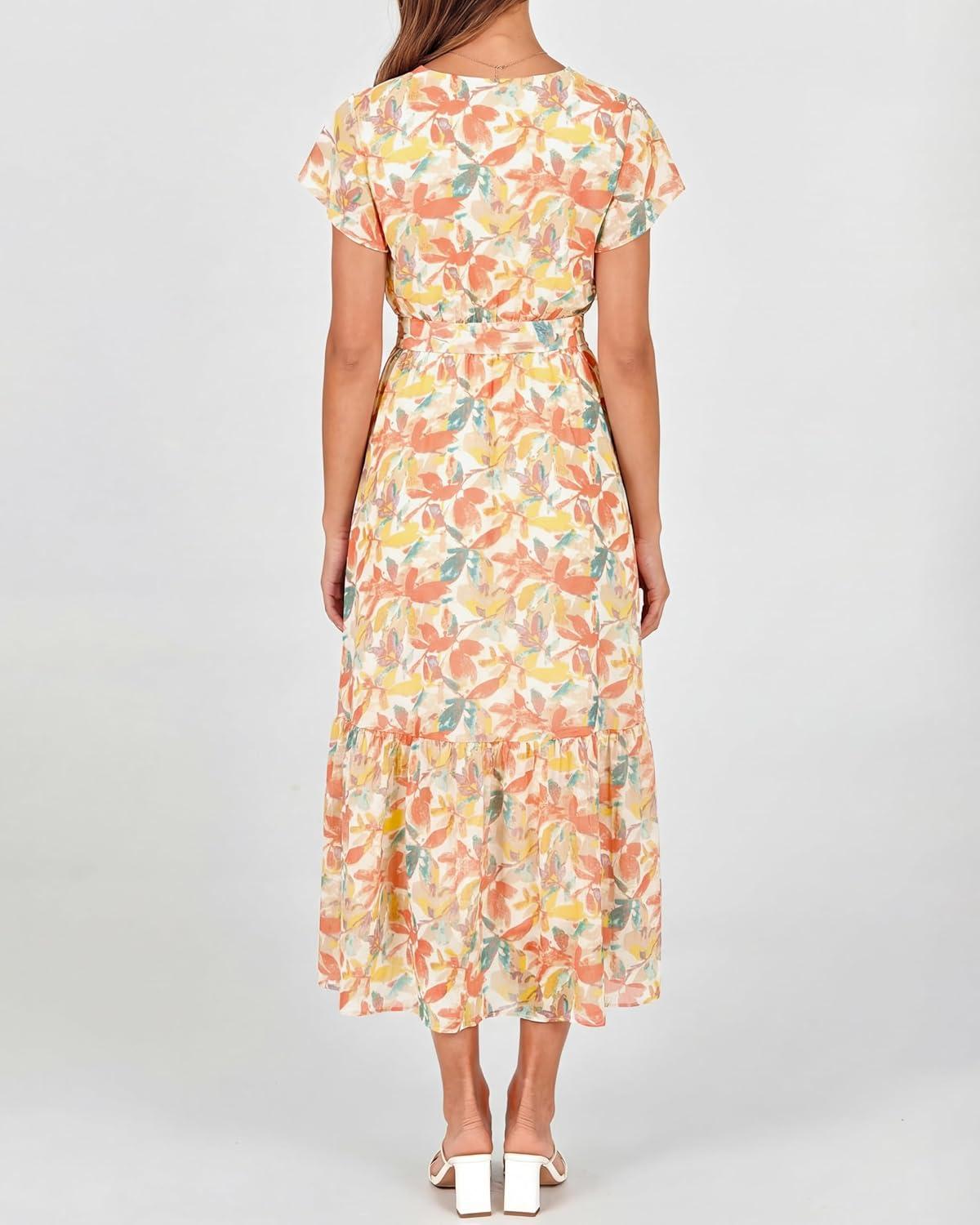 imageBTFBM Women Summer Bohemian Floral Casual Wrap V Neck Ruffle Cap Sleeveless Belt ALine Pleated Hem Midi Sun Dress WhiteWhite Big Flower