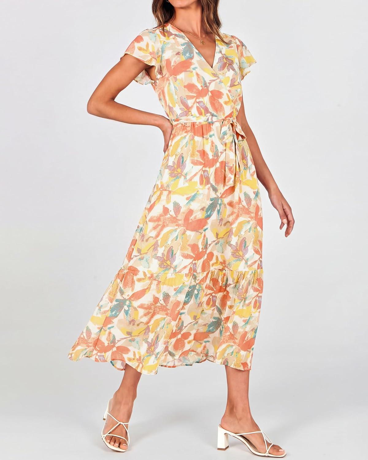 imageBTFBM Women Summer Bohemian Floral Casual Wrap V Neck Ruffle Cap Sleeveless Belt ALine Pleated Hem Midi Sun Dress WhiteWhite Big Flower