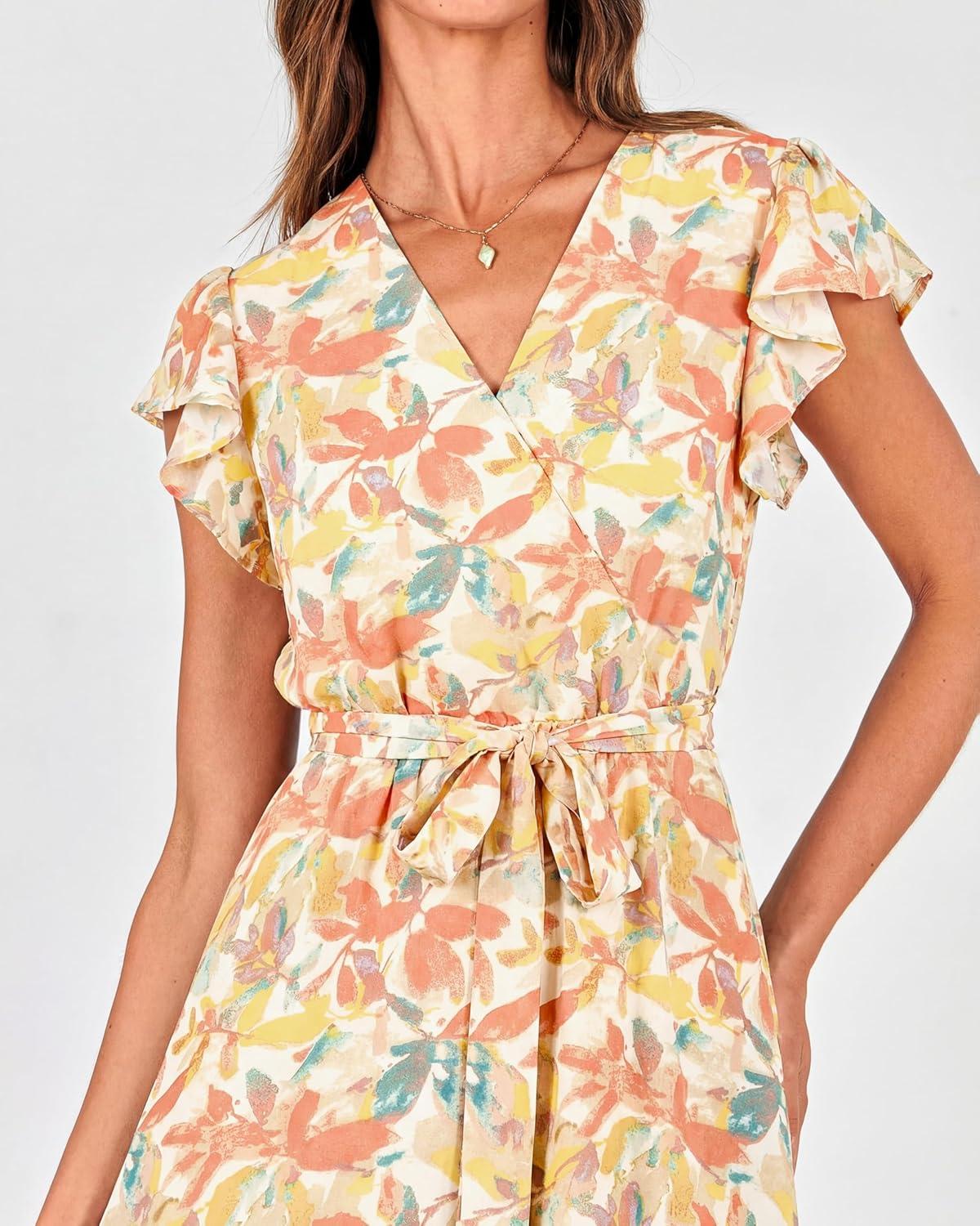 imageBTFBM Women Summer Bohemian Floral Casual Wrap V Neck Ruffle Cap Sleeveless Belt ALine Pleated Hem Midi Sun Dress WhiteWhite Big Flower