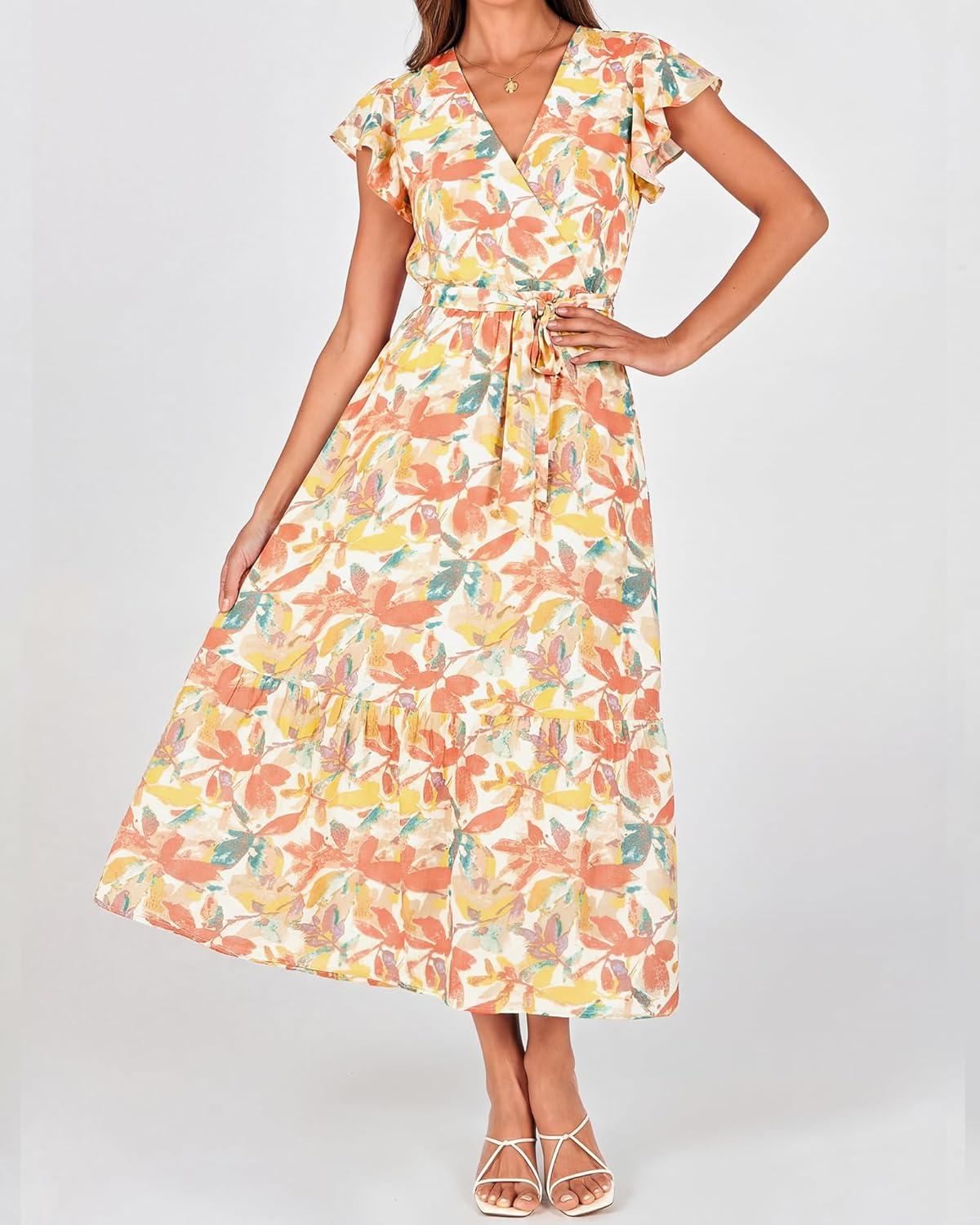 imageBTFBM Women Summer Bohemian Floral Casual Wrap V Neck Ruffle Cap Sleeveless Belt ALine Pleated Hem Midi Sun Dress WhiteWhite Big Flower