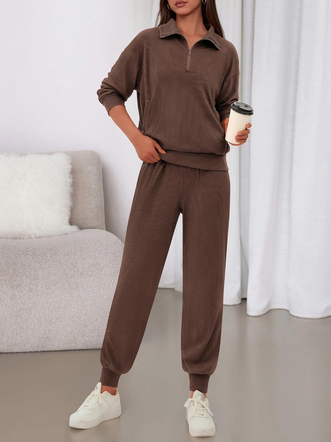 imageBTFBM Womens 2 Piece Tracksuit Spring Outfits 2026 Long Sleeve Half Zip Sweatshirt Sweatpants Lounge Set SweatsuitsSolid Coffee