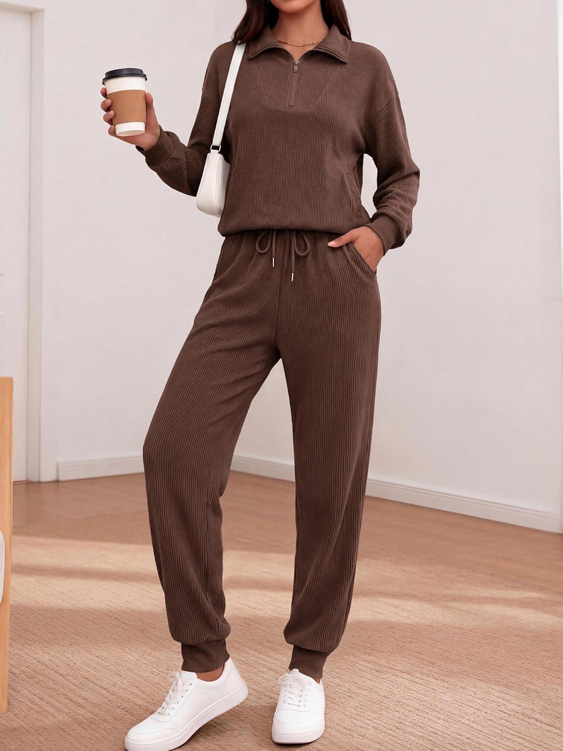 imageBTFBM Womens 2 Piece Tracksuit Spring Outfits 2026 Long Sleeve Half Zip Sweatshirt Sweatpants Lounge Set SweatsuitsSolid Coffee