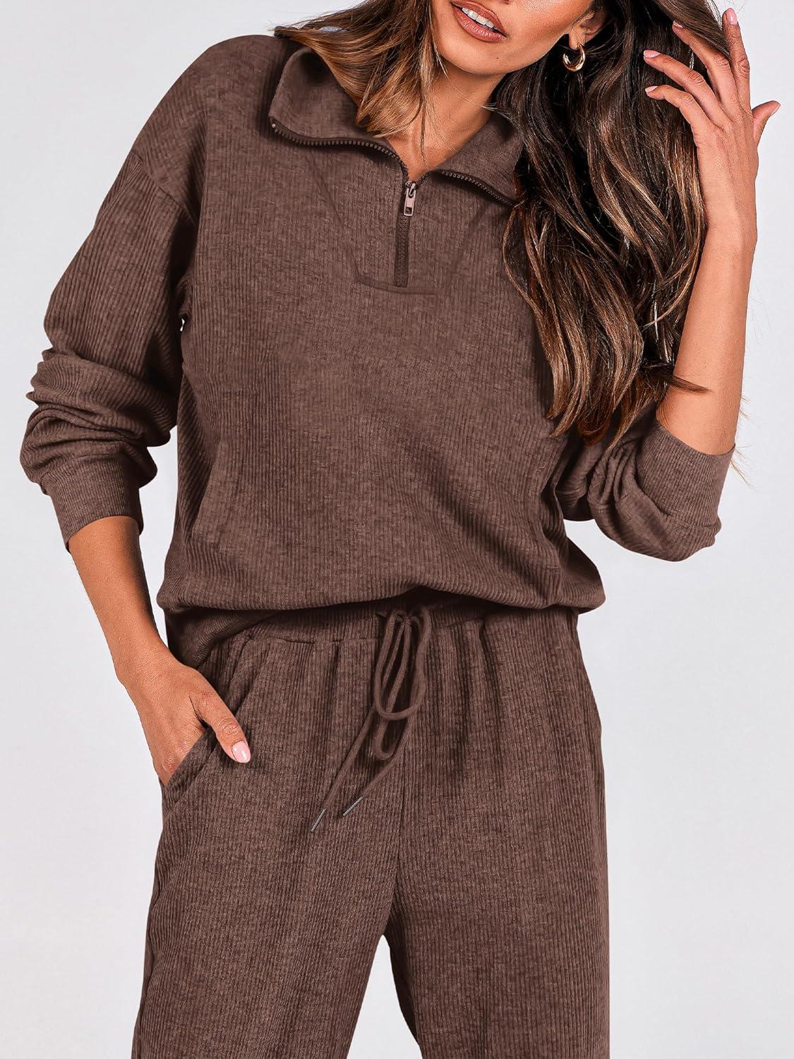 imageBTFBM Womens 2 Piece Tracksuit Spring Outfits 2026 Long Sleeve Half Zip Sweatshirt Sweatpants Lounge Set SweatsuitsSolid Coffee