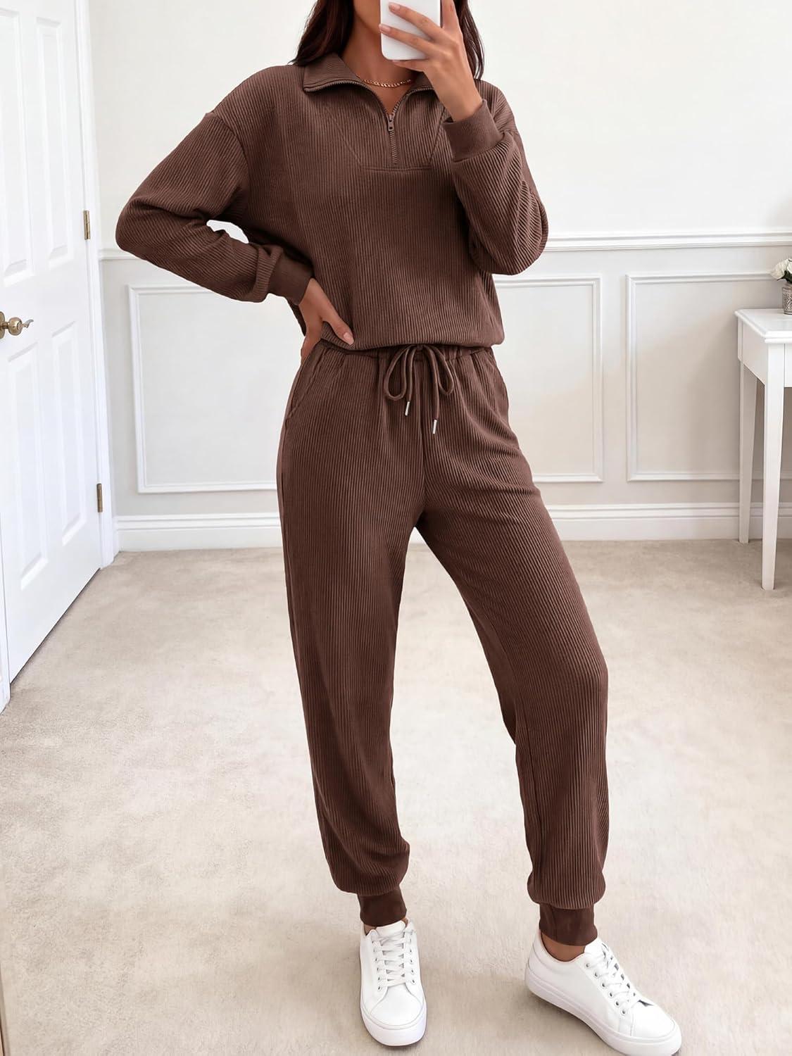 imageBTFBM Womens 2 Piece Tracksuit Spring Outfits 2026 Long Sleeve Half Zip Sweatshirt Sweatpants Lounge Set SweatsuitsSolid Coffee