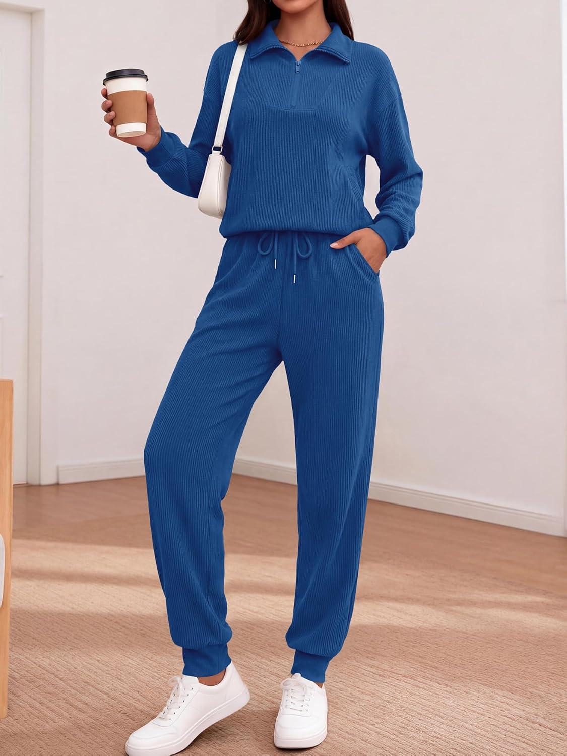 imageBTFBM Womens 2 Piece Tracksuit Spring Outfits 2026 Long Sleeve Half Zip Sweatshirt Sweatpants Lounge Set SweatsuitsSolid Dark Blue