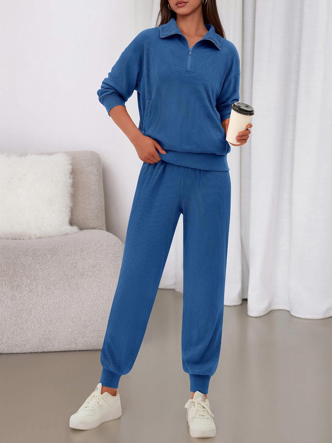 imageBTFBM Womens 2 Piece Tracksuit Spring Outfits 2026 Long Sleeve Half Zip Sweatshirt Sweatpants Lounge Set SweatsuitsSolid Dark Blue