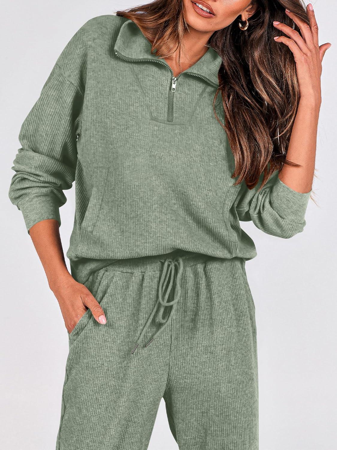 imageBTFBM Womens 2 Piece Tracksuit Spring Outfits 2026 Long Sleeve Half Zip Sweatshirt Sweatpants Lounge Set SweatsuitsSolid Fruit Green