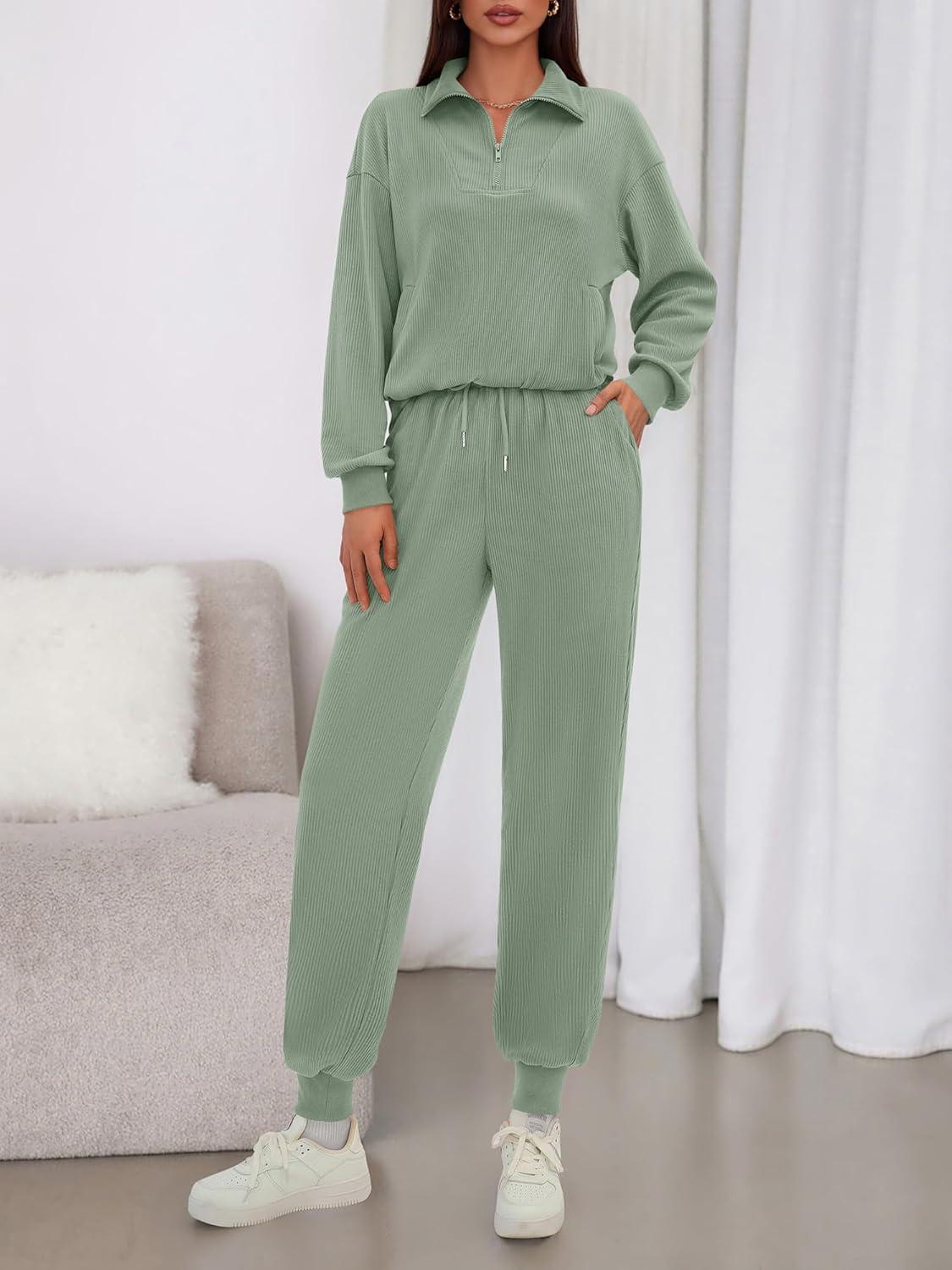 imageBTFBM Womens 2 Piece Tracksuit Spring Outfits 2026 Long Sleeve Half Zip Sweatshirt Sweatpants Lounge Set SweatsuitsSolid Fruit Green