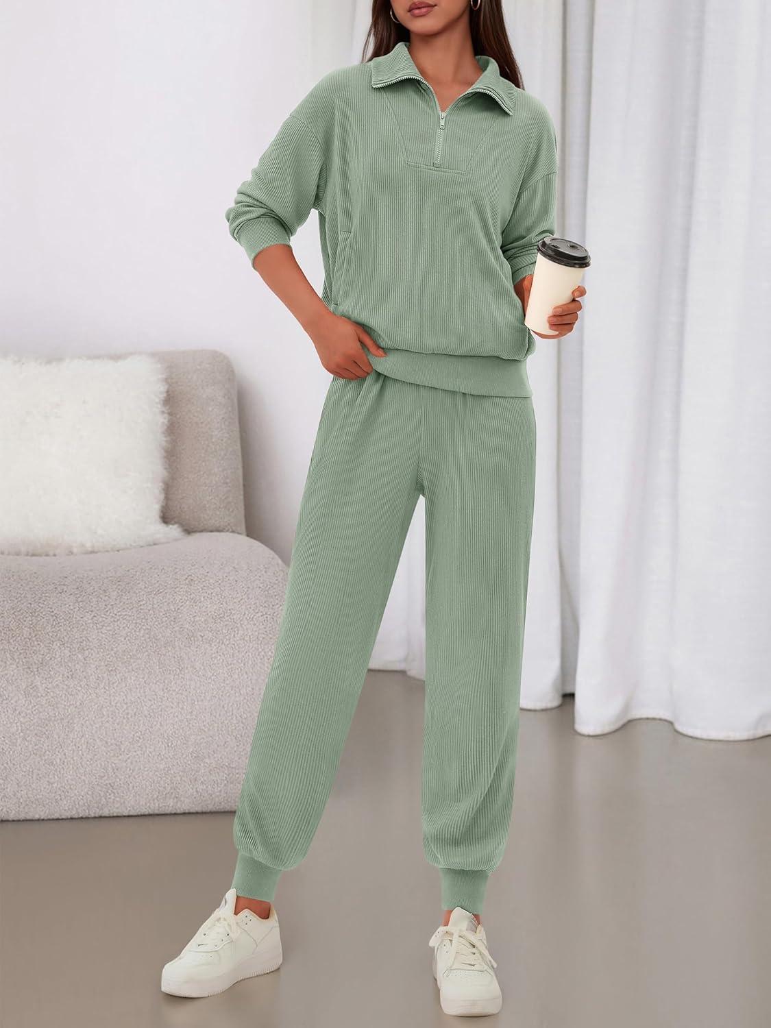imageBTFBM Womens 2 Piece Tracksuit Spring Outfits 2026 Long Sleeve Half Zip Sweatshirt Sweatpants Lounge Set SweatsuitsSolid Fruit Green
