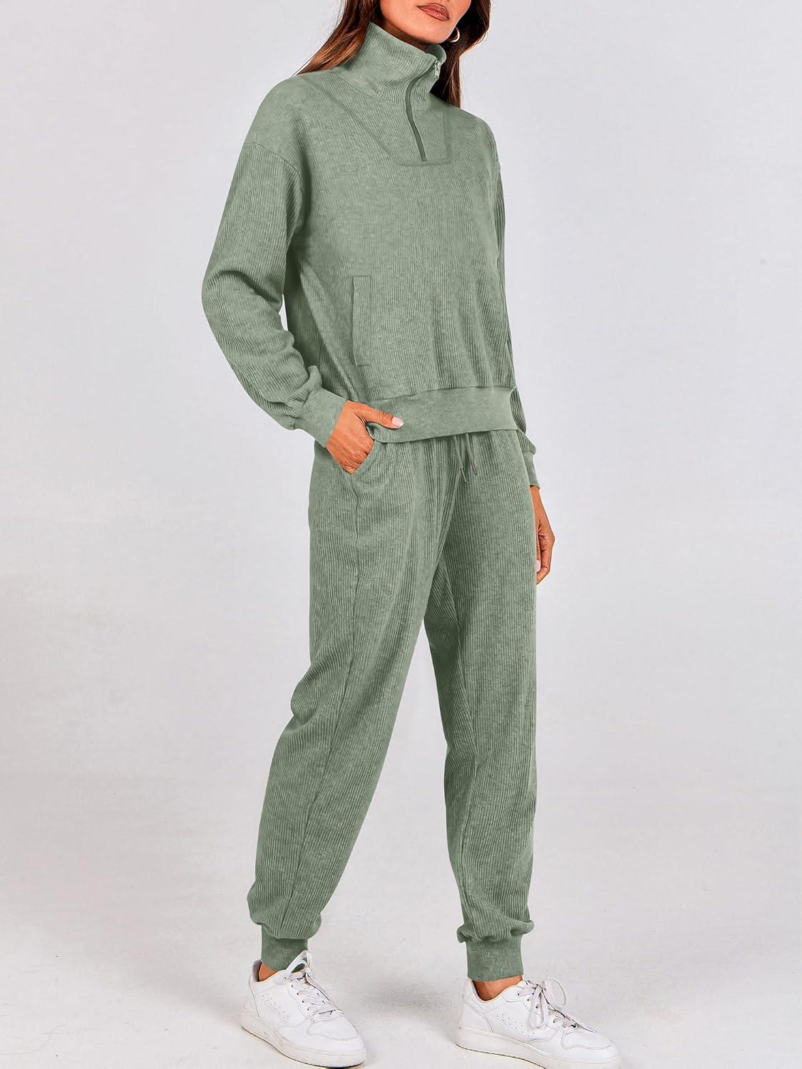 imageBTFBM Womens 2 Piece Tracksuit Spring Outfits 2026 Long Sleeve Half Zip Sweatshirt Sweatpants Lounge Set SweatsuitsSolid Fruit Green